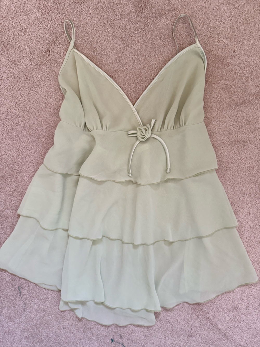 Y2K fairycore Tiered Ruffle V-Neck Babydoll Cami Top - Light sage Green L - Picture 8 of 16